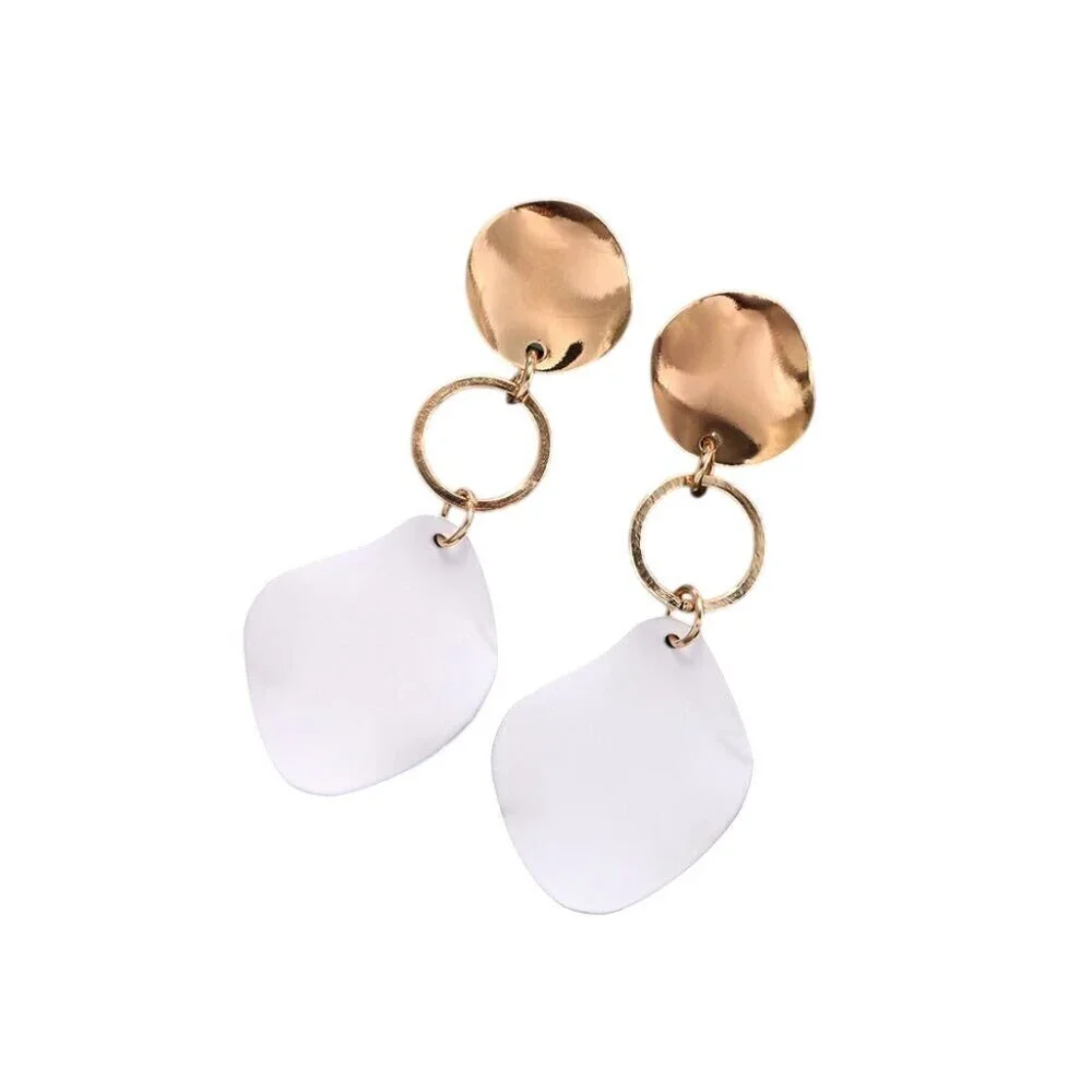 Retro Modernist Geometric White Enamel Gold Metal Wavy Dangle Earrings